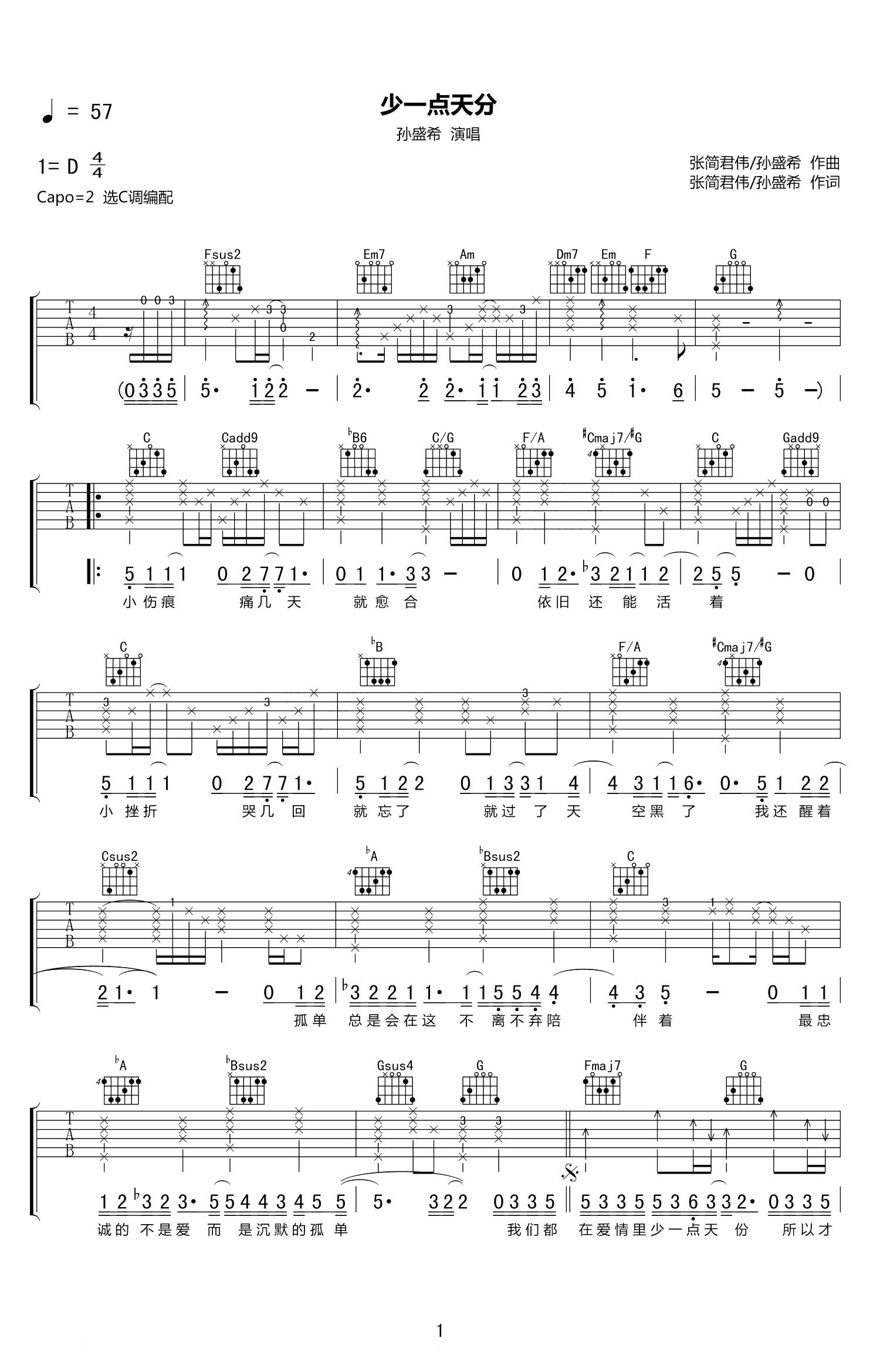 少一点天分吉他谱,张简君伟歌曲,C调简单指弹教学简谱,网络六线谱图片