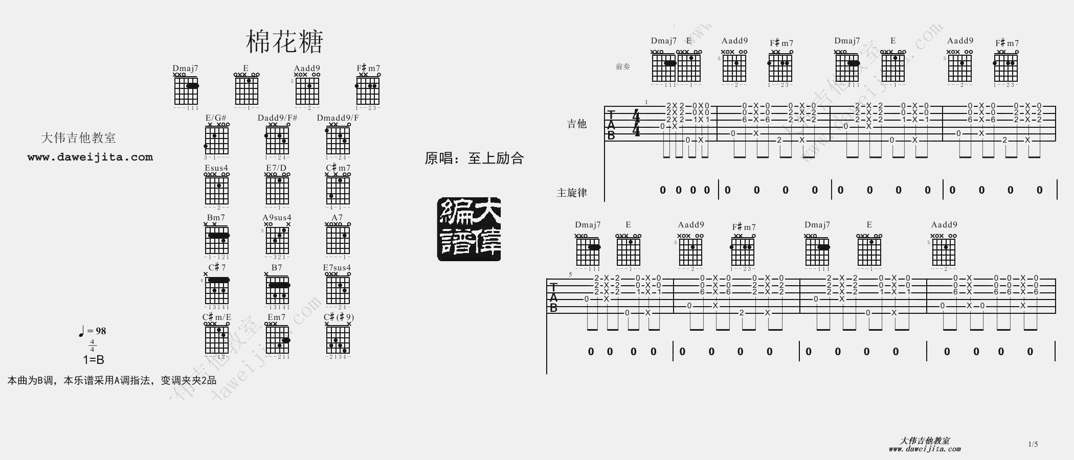 棉花糖吉他谱,原版至上励合歌曲,简单A调弹唱教学,大伟吉他教室版六线指弹简谱图