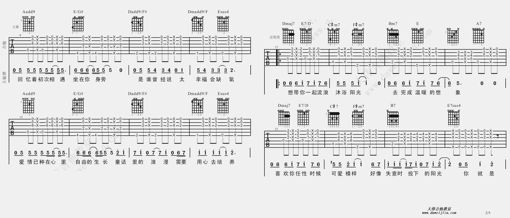 棉花糖吉他谱,原版至上励合歌曲,简单A调弹唱教学,大伟吉他教室版六线指弹简谱图