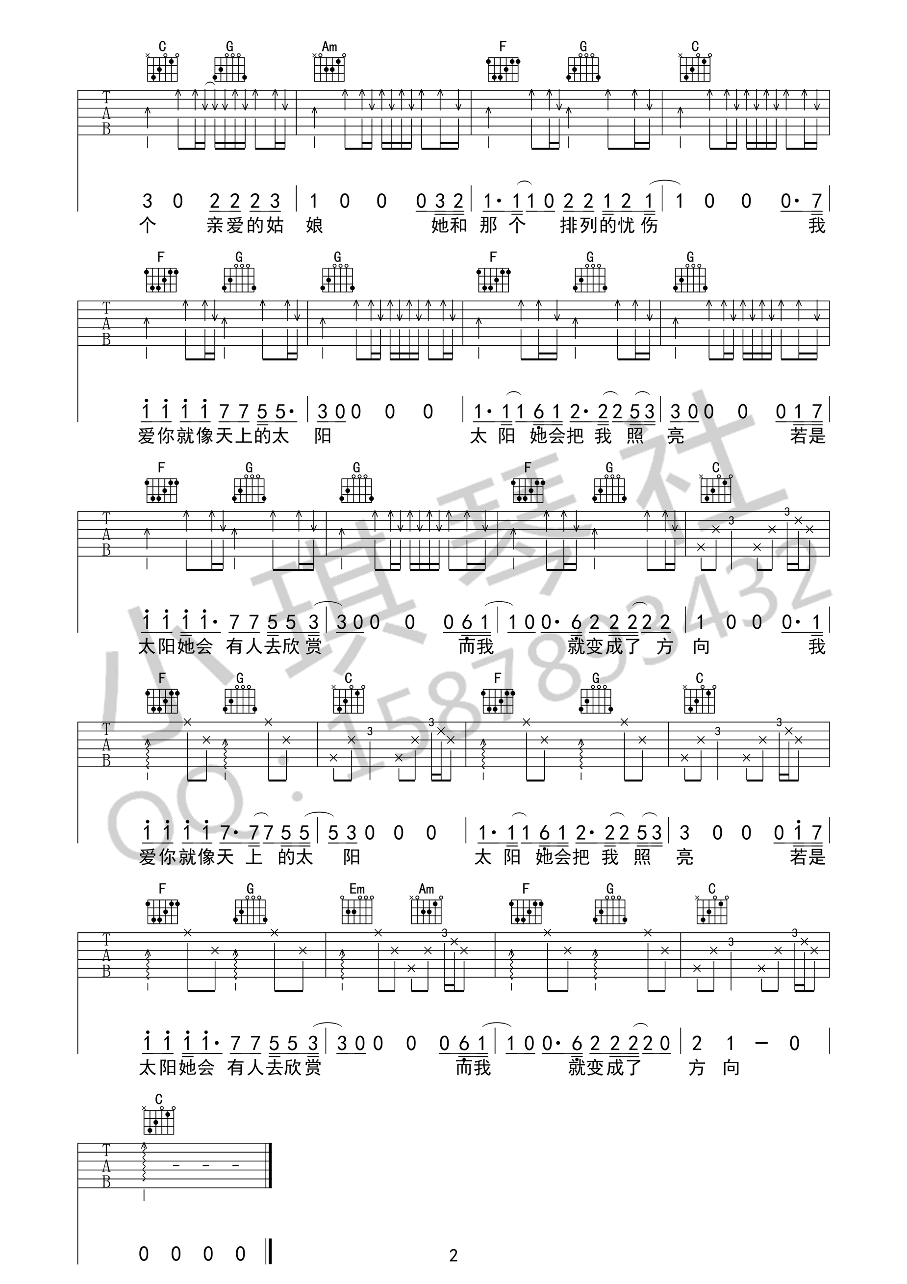 姑娘吉他谱,原版隔壁老樊歌曲,简单E调弹唱教学,小琪琴社版六线指弹简谱图