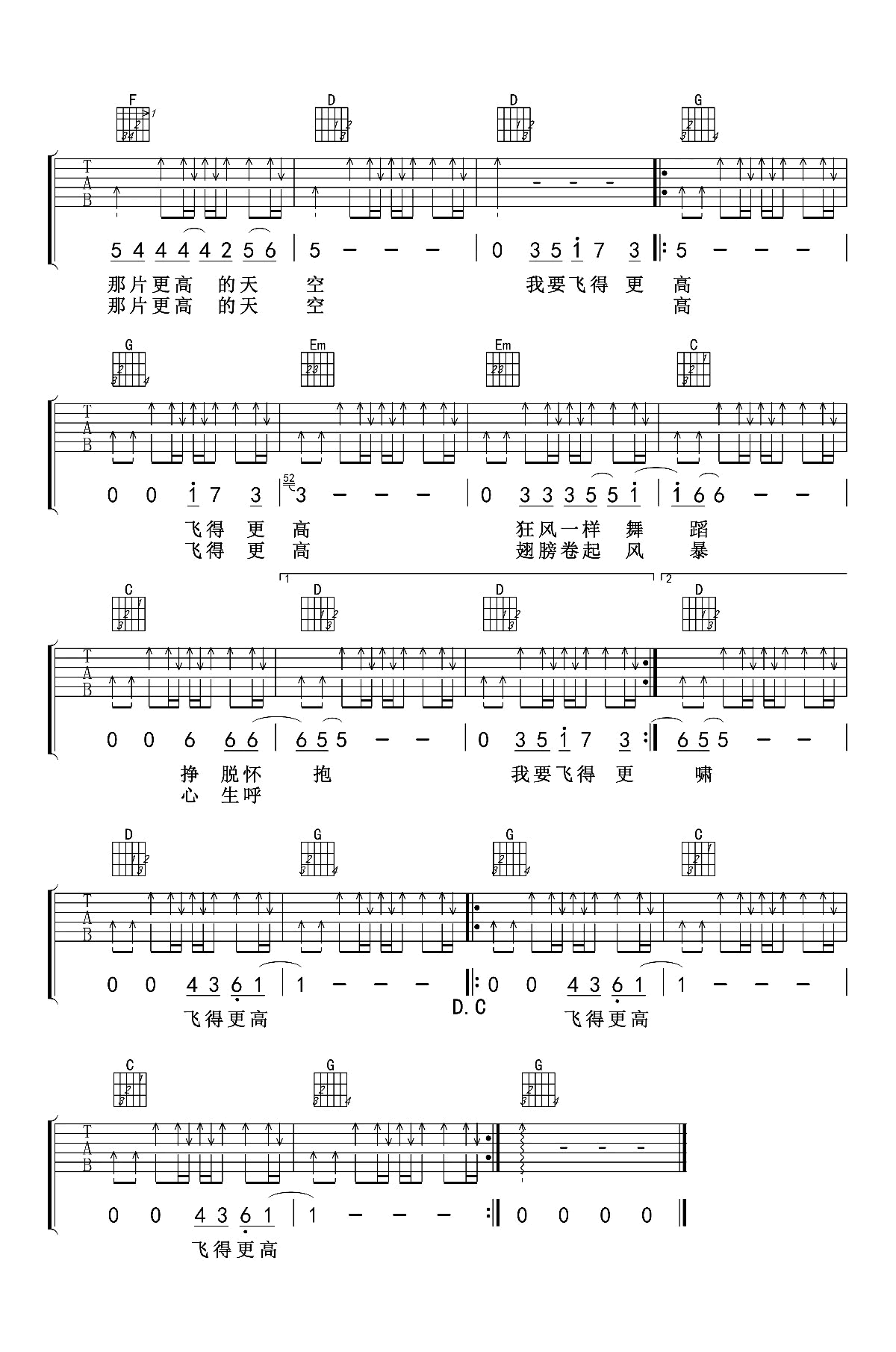 飞得更高吉他谱,汪峰歌曲,简单指弹教学简谱,爱德文吉他六线谱图片