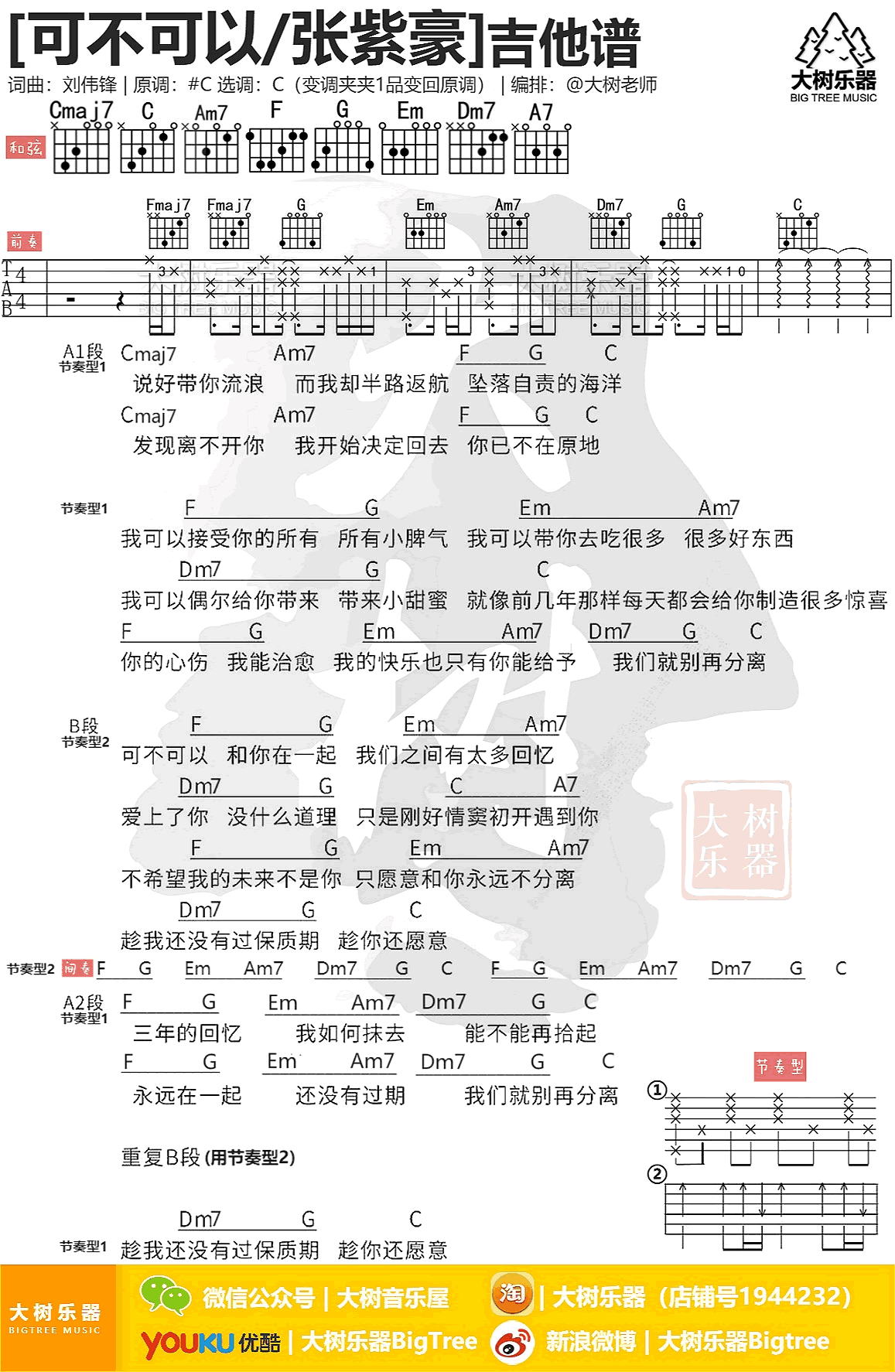 可不可以吉他谱,刘伟峰歌曲,简单指弹教学简谱,大树乐器六线谱图片