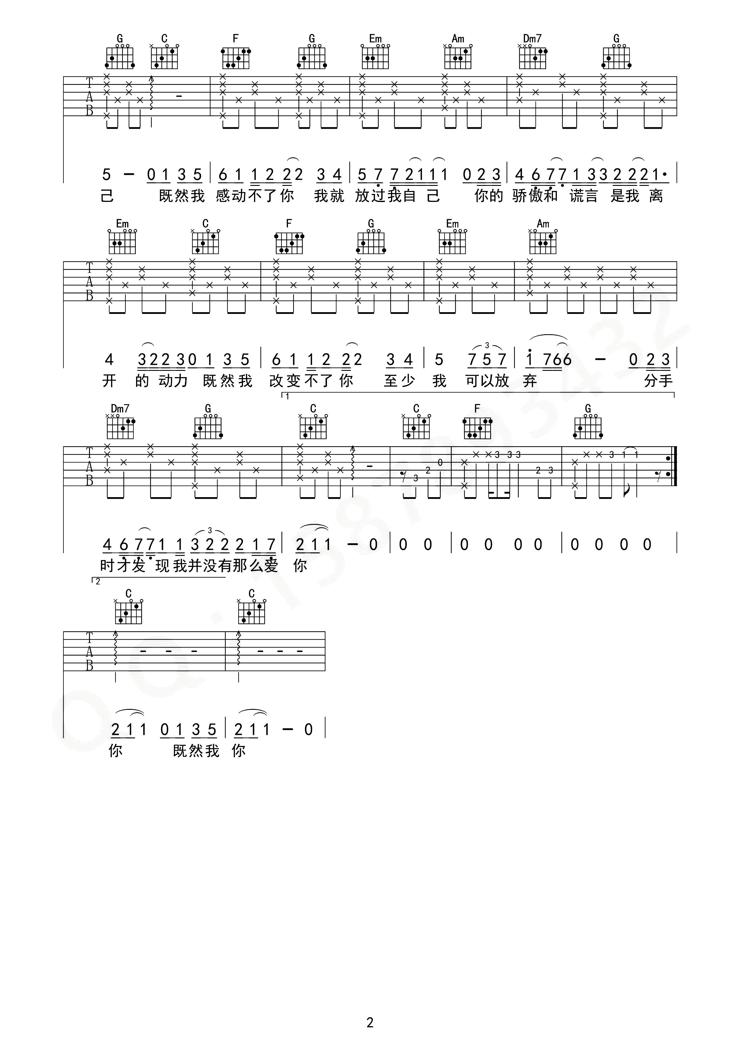 放过自己吉他谱,原版庄心妍歌曲,简单C调弹唱教学,巍小琪版六线指弹简谱图