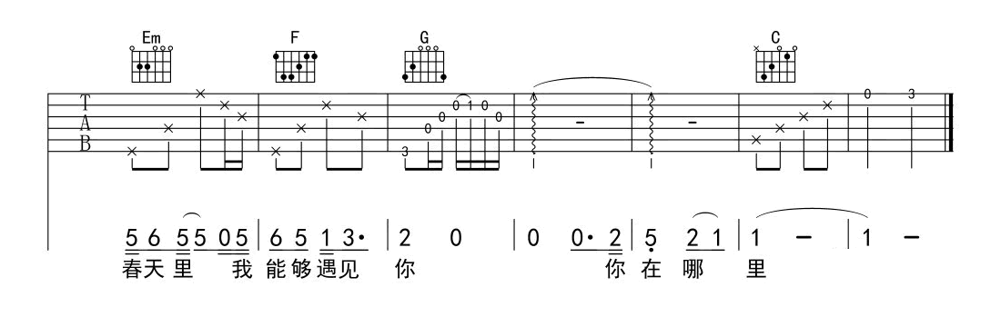 硕子《等你》吉他谱,陈硕子歌曲,简单指弹教学简谱,易搜六线谱图片