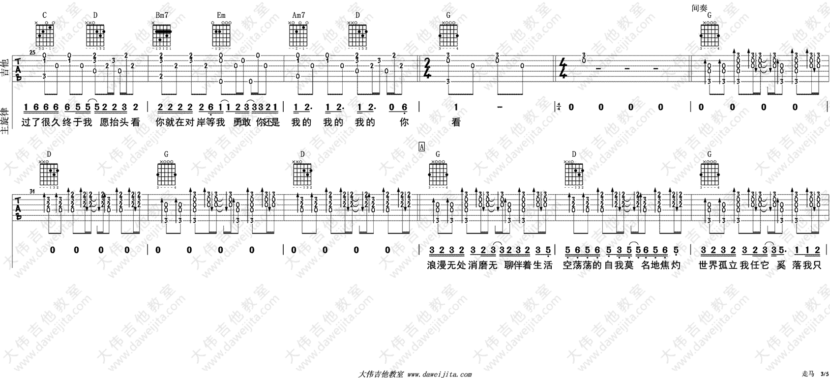走马吉他谱,陈粒歌曲,简单指弹教学简谱,大伟吉他六线谱图片