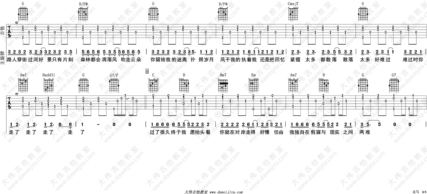 走马吉他谱,陈粒歌曲,简单指弹教学简谱,大伟吉他六线谱图片