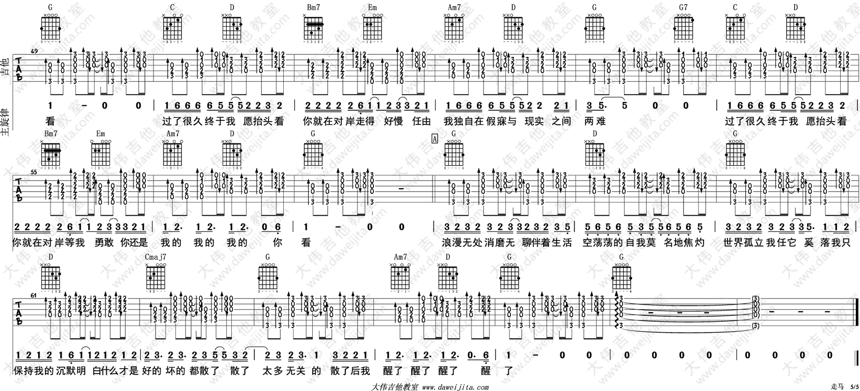 走马吉他谱,陈粒歌曲,简单指弹教学简谱,大伟吉他六线谱图片