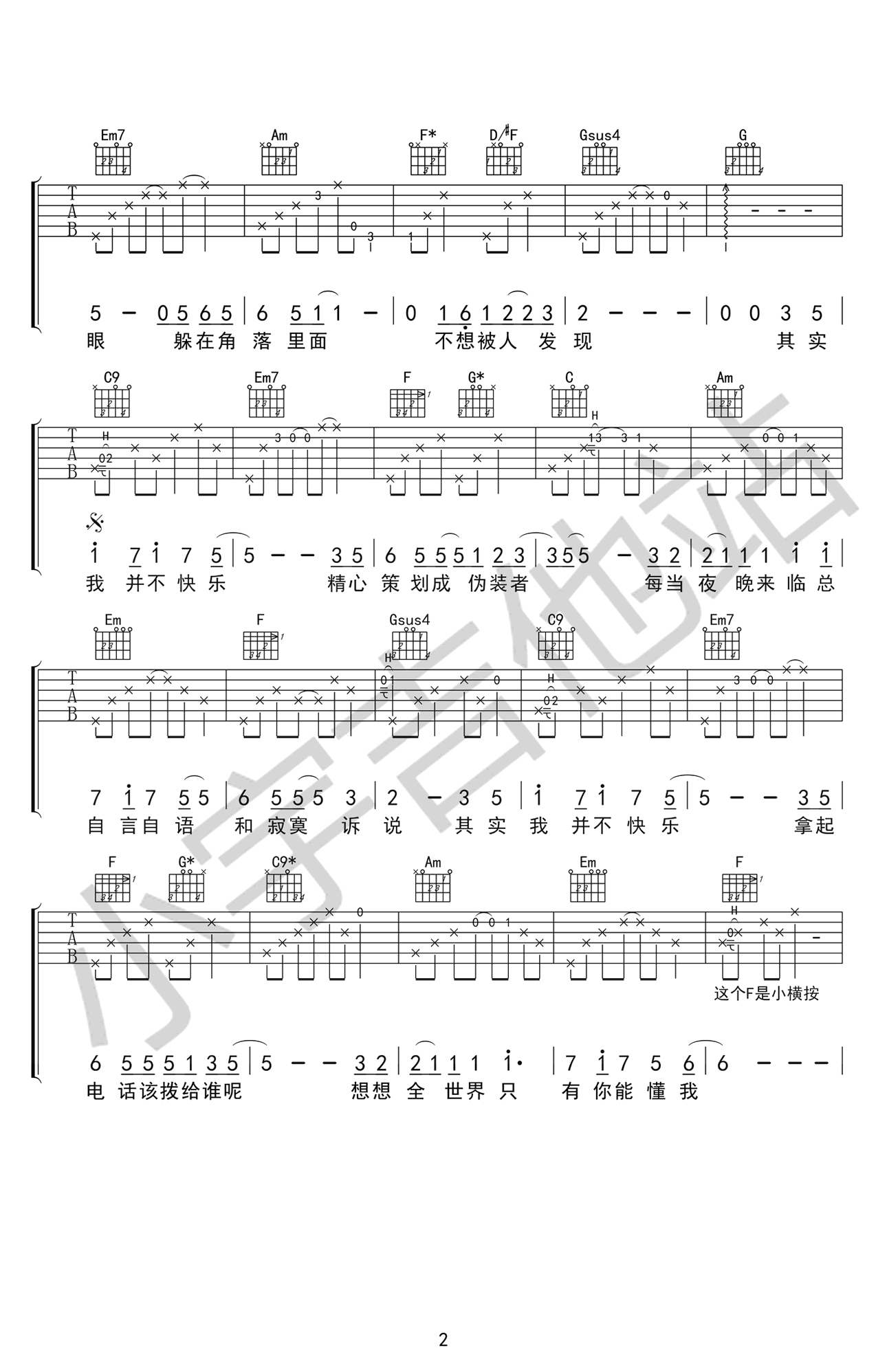 其实我并不快乐吉他谱,崔博歌曲,C调简单指弹教学简谱,小宇吉他站六线谱图片