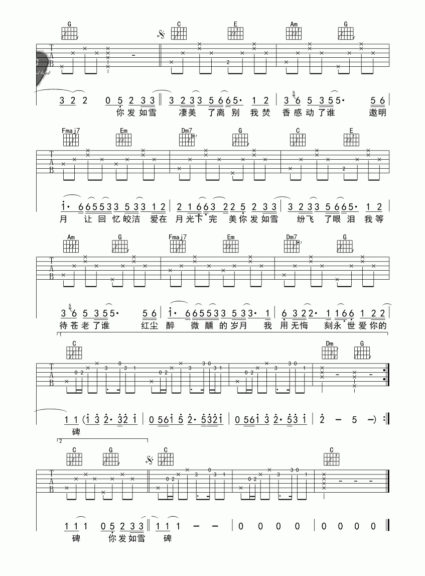 发如雪吉他谱,原版周杰伦歌曲,简单C调弹唱教学,网络转载版六线指弹简谱图