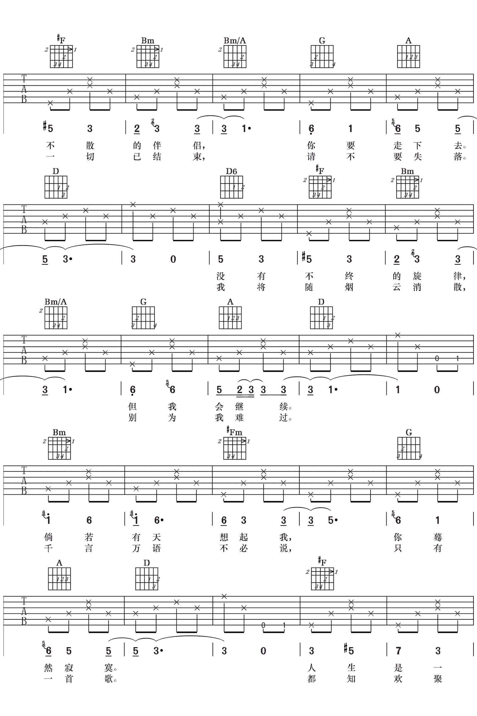 骊歌吉他谱,赵亮歌曲,简单指弹教学简谱,刘丽野六线谱图片