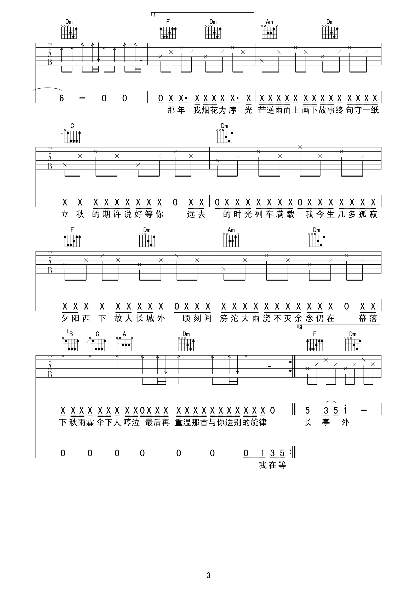 下完这场雨吉他谱,原版后弦歌曲,简单F调弹唱教学,网络转载版六线指弹简谱图