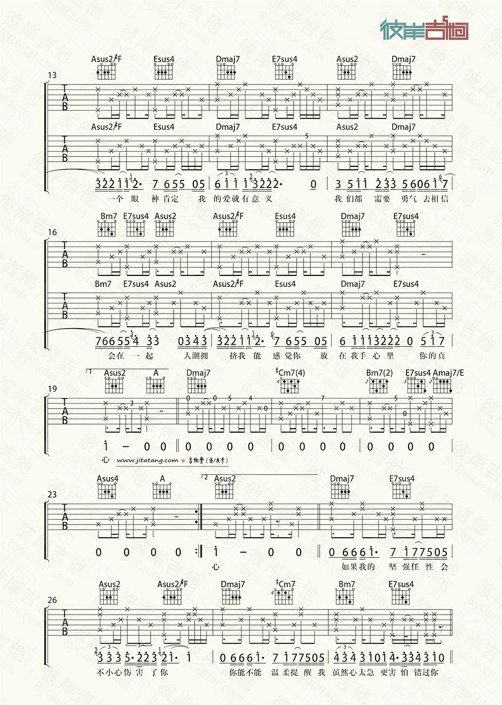 勇气吉他谱,原版梁静茹歌曲,简单A调弹唱教学,彼岸吉他版六线指弹简谱图
