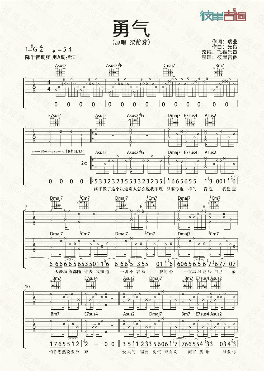 勇气吉他谱,原版梁静茹歌曲,简单A调弹唱教学,彼岸吉他版六线指弹简谱图
