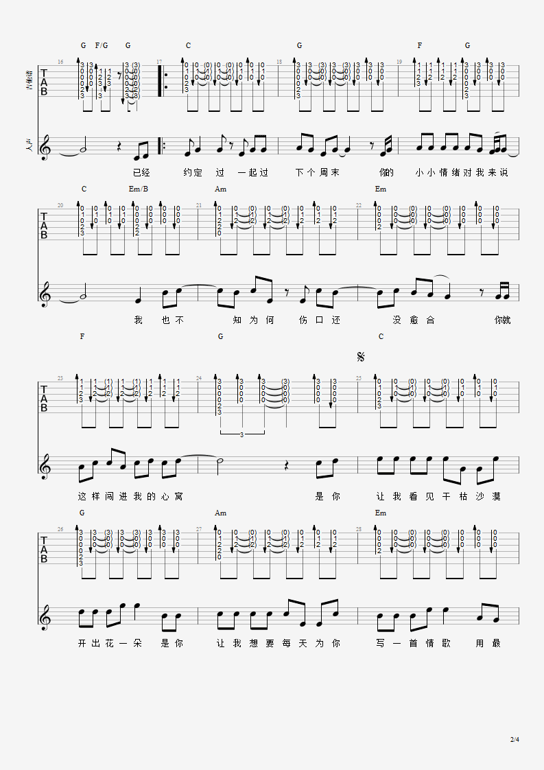 有点甜吉他谱,原版汪苏泷歌曲,简单E调弹唱教学,网络转载版六线指弹简谱图