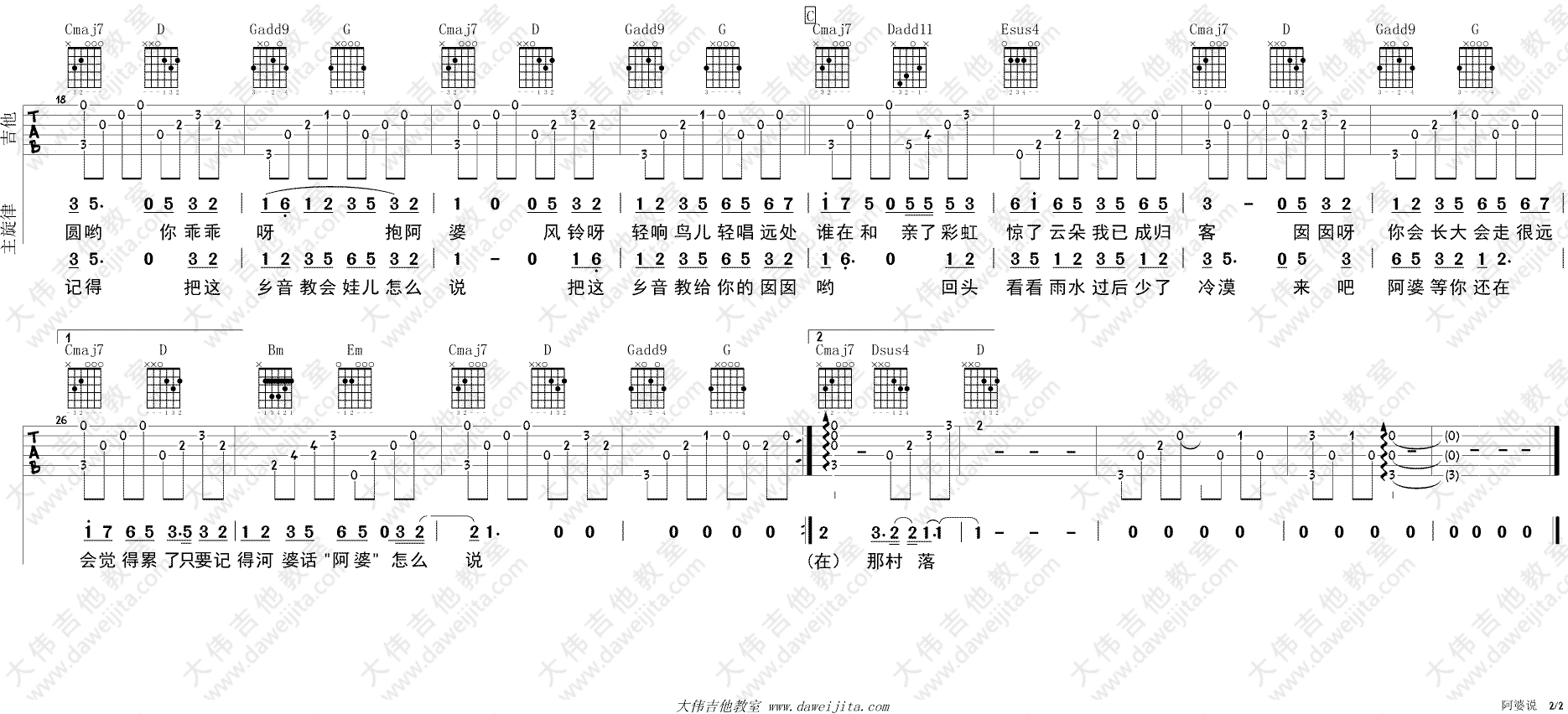 阿婆说吉他谱,原版暗杠歌曲,简单G调弹唱教学,大伟吉他教室版六线指弹简谱图