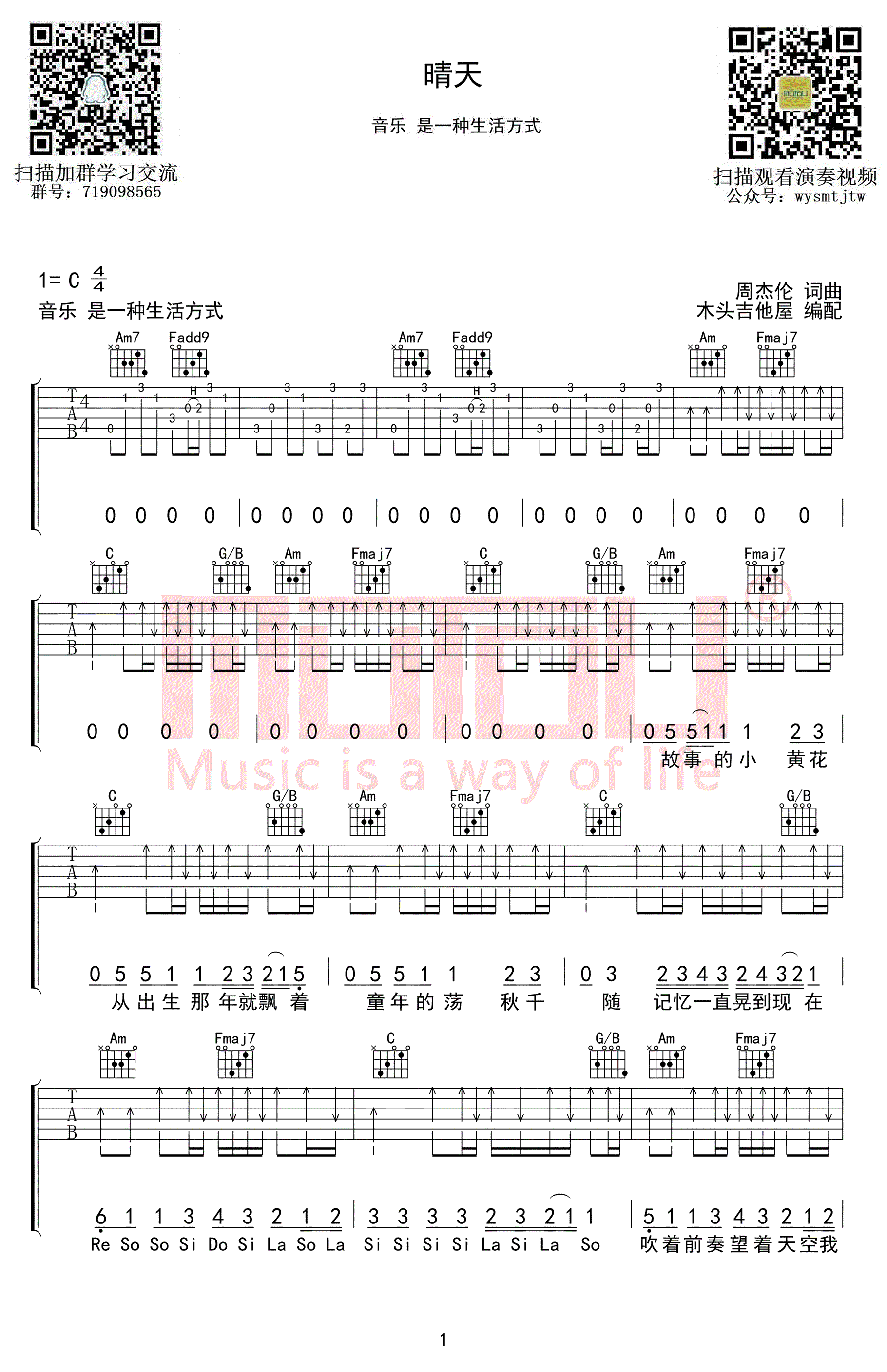 晴天吉他谱,原版周杰伦歌曲,简单C调弹唱教学,木头吉他屋版六线指弹简谱图