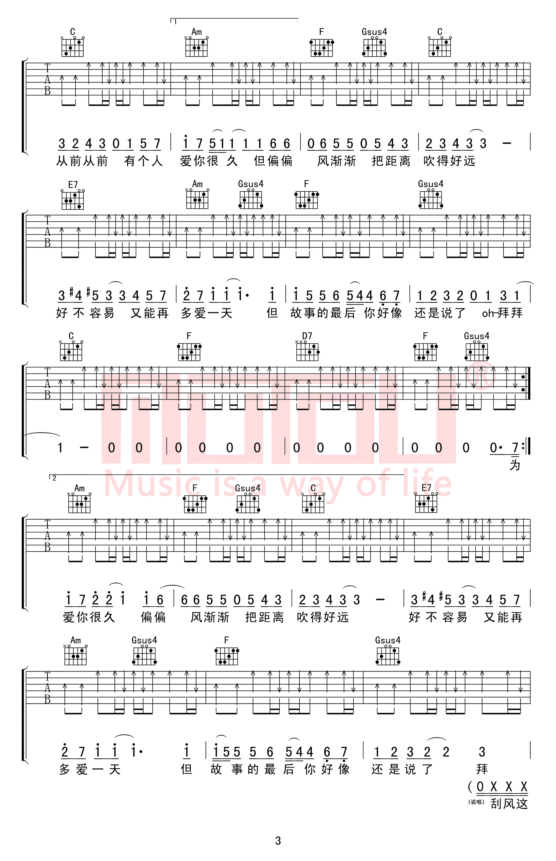 晴天吉他谱,原版周杰伦歌曲,简单C调弹唱教学,木头吉他屋版六线指弹简谱图