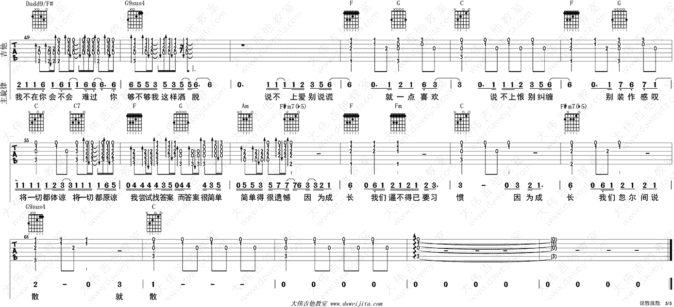 说散就散吉他谱,张楚翘伍乐歌曲,简单指弹教学简谱,大伟吉他六线谱图片