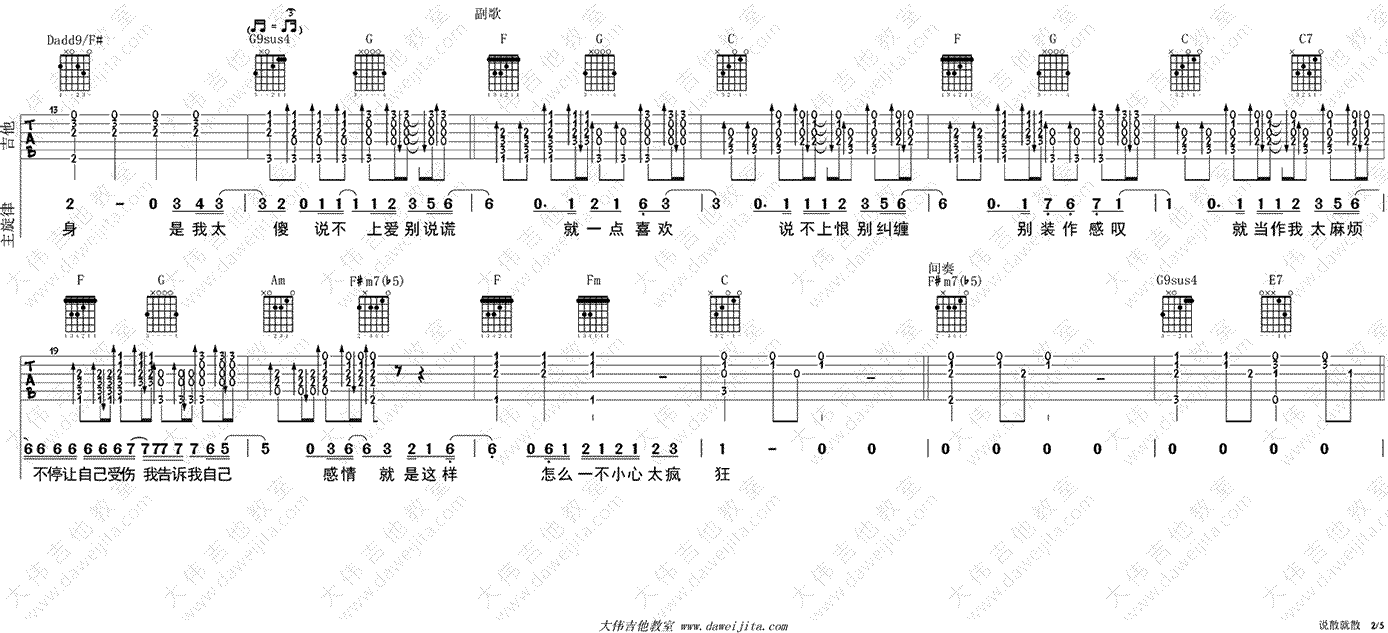 说散就散吉他谱,张楚翘伍乐歌曲,简单指弹教学简谱,大伟吉他六线谱图片