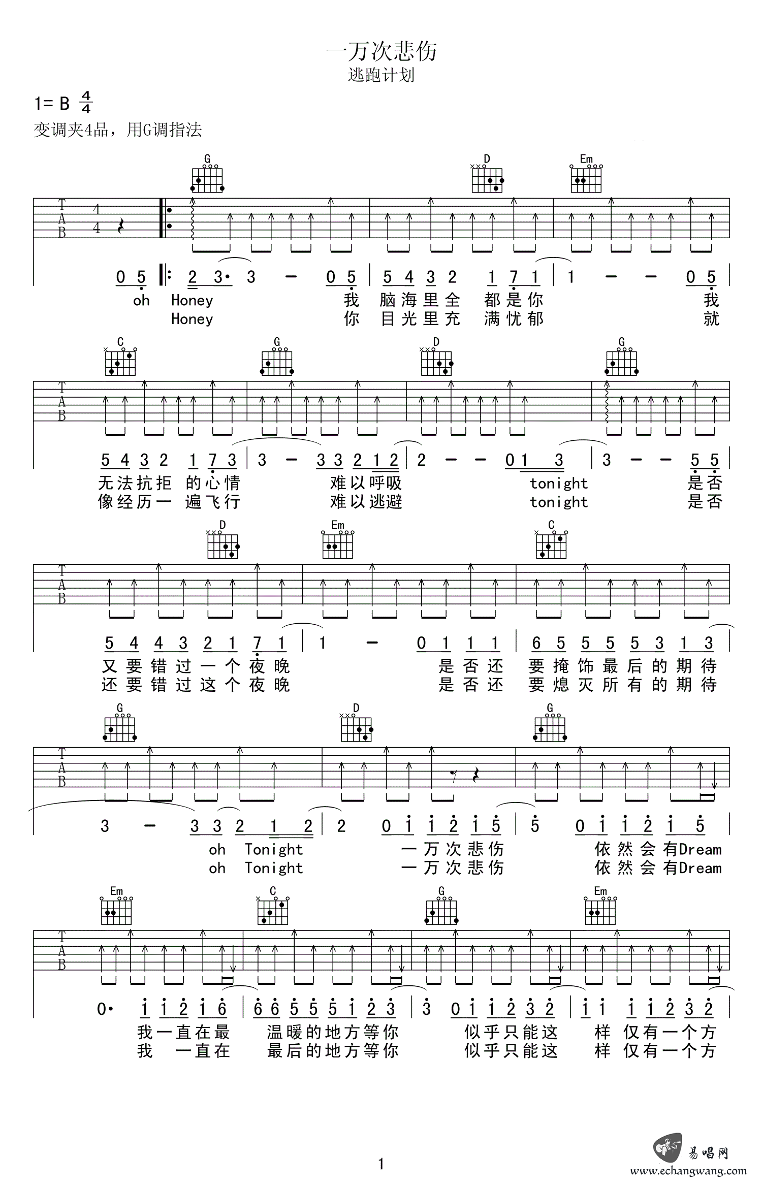 一万次悲伤吉他谱,毛川歌曲,简单指弹教学简谱,网络六线谱图片