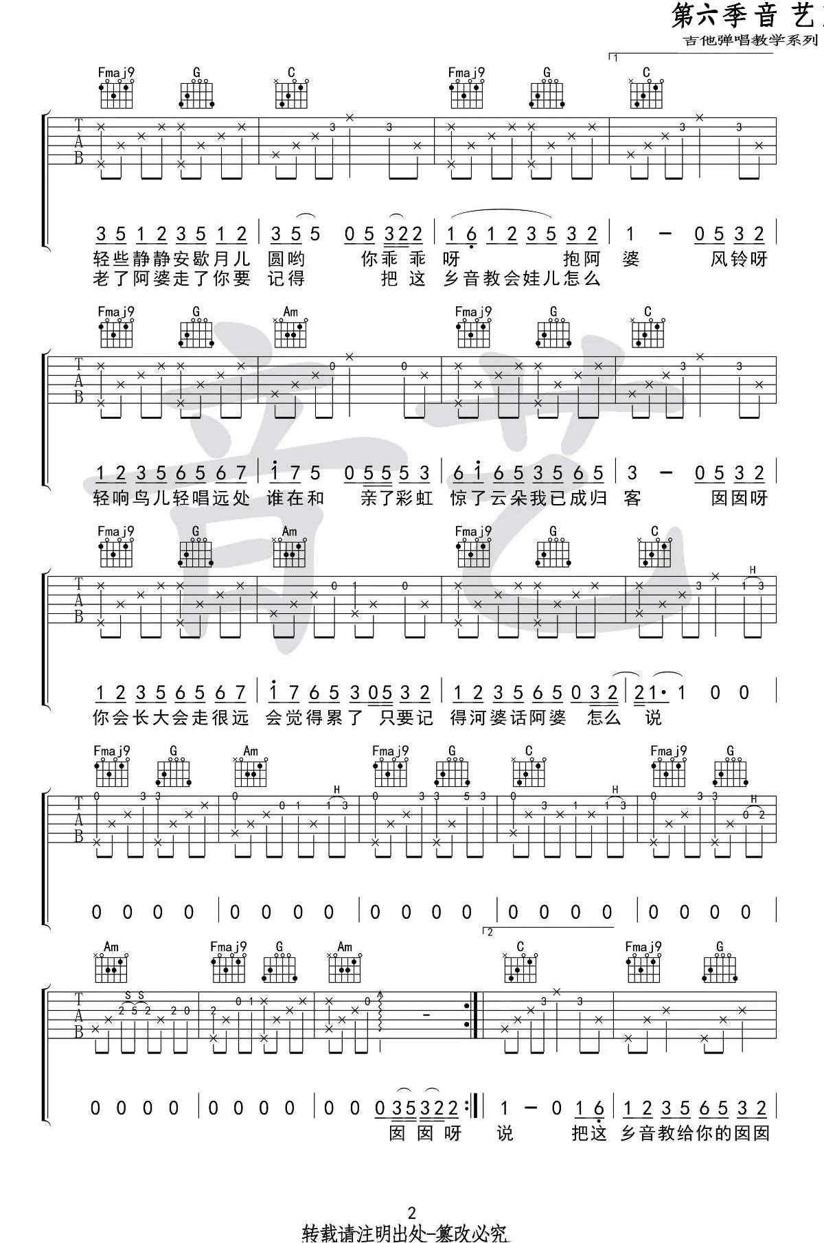 阿婆说吉他谱,暗杠歌曲,简单指弹教学简谱,音艺吉他六线谱图片