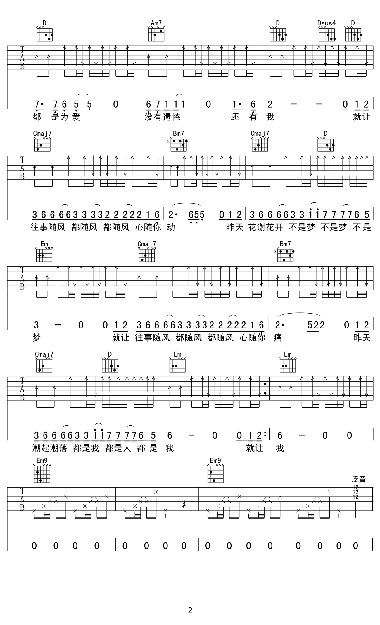 齐秦《往事随风》吉他,齐秦歌曲,简单指弹教学简谱,又又吉他六线谱图片