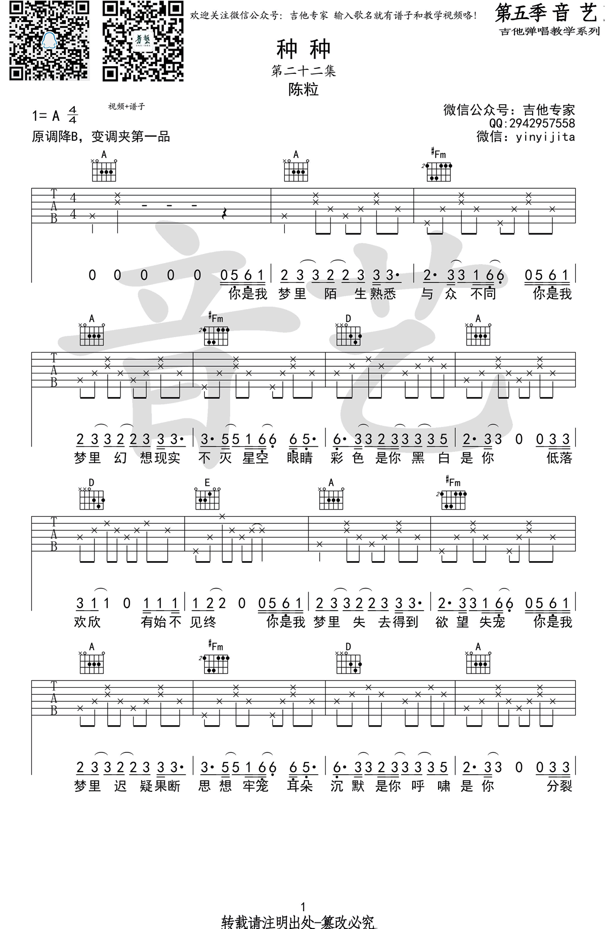 种种吉他谱,张小蜀陈粒歌曲,简单指弹教学简谱,音艺吉他六线谱图片