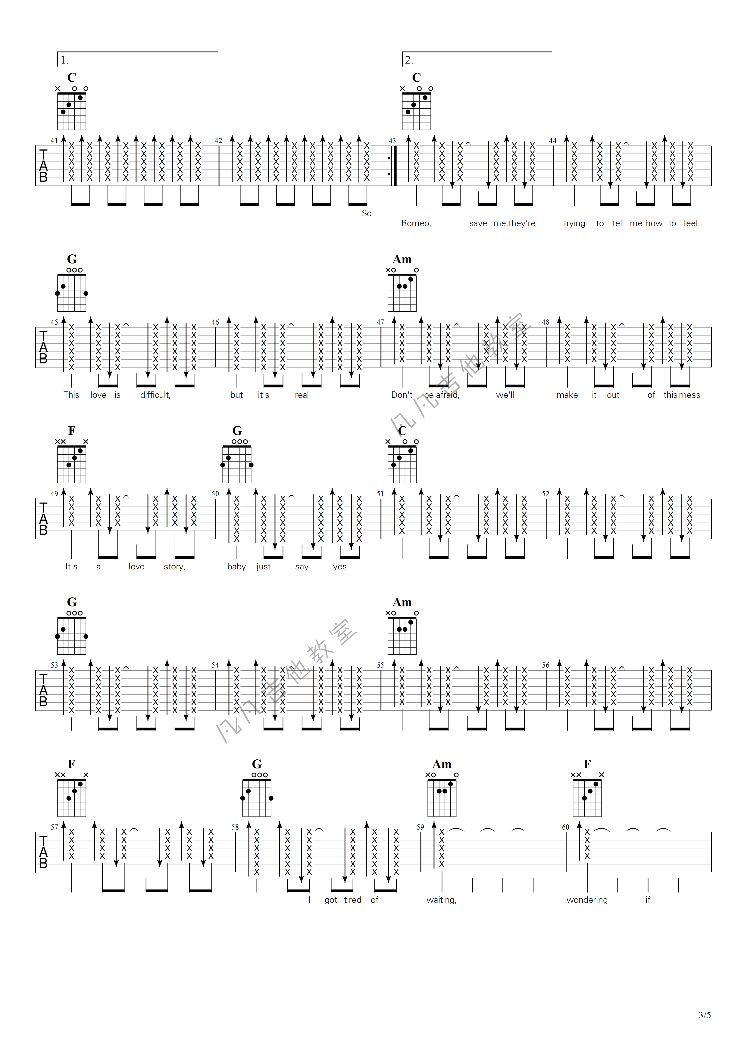 LoveStory吉他谱,原版Taylorswift歌曲,简单C调弹唱教学,六线谱指弹简谱5张图