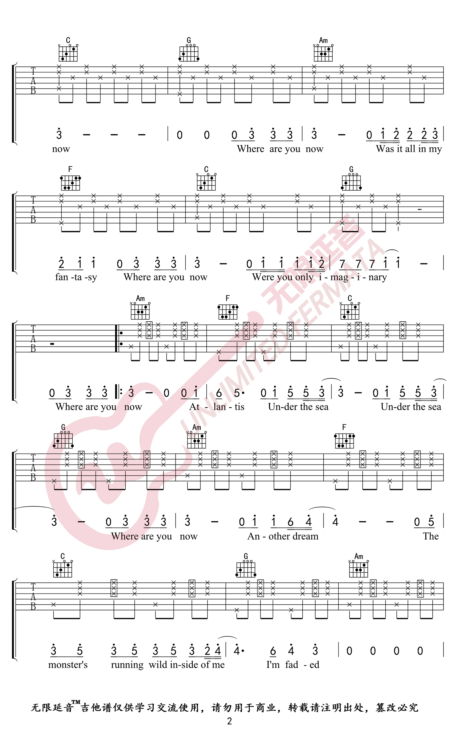 Faded吉他谱,简单变调原版指弹曲谱,Alan Walker高清六线乐谱