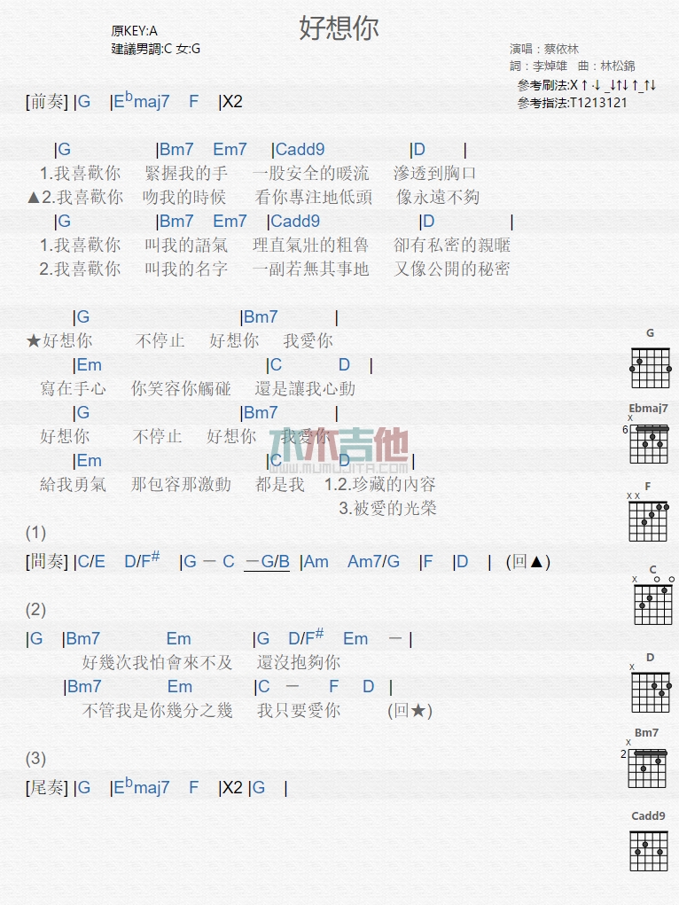 好想你吉他谱,简单C调原版指弹曲谱,蔡依林高清流行弹唱六线乐谱