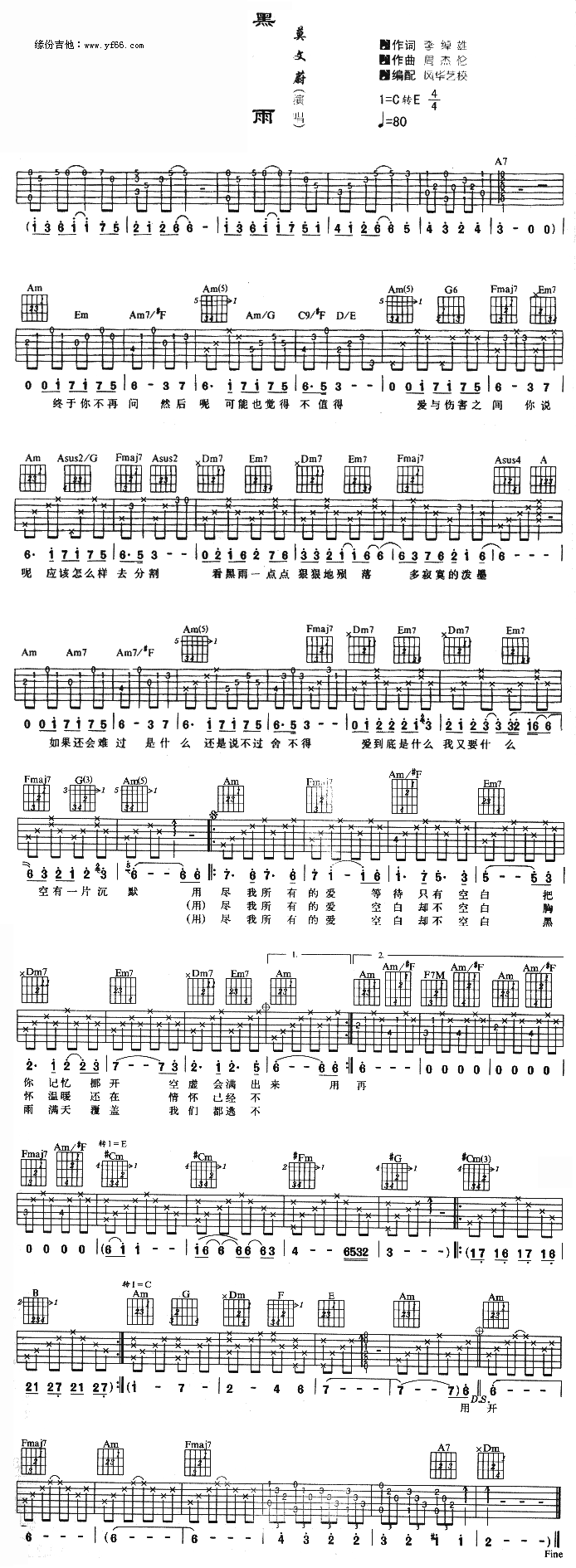 黑雨吉他谱,简单C调原版指弹曲谱,莫文蔚高清流行弹唱六线乐谱