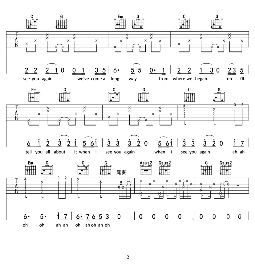 SeeYouAg,Charl歌曲,简单指弹教学简谱,刘淇铭六线谱图片