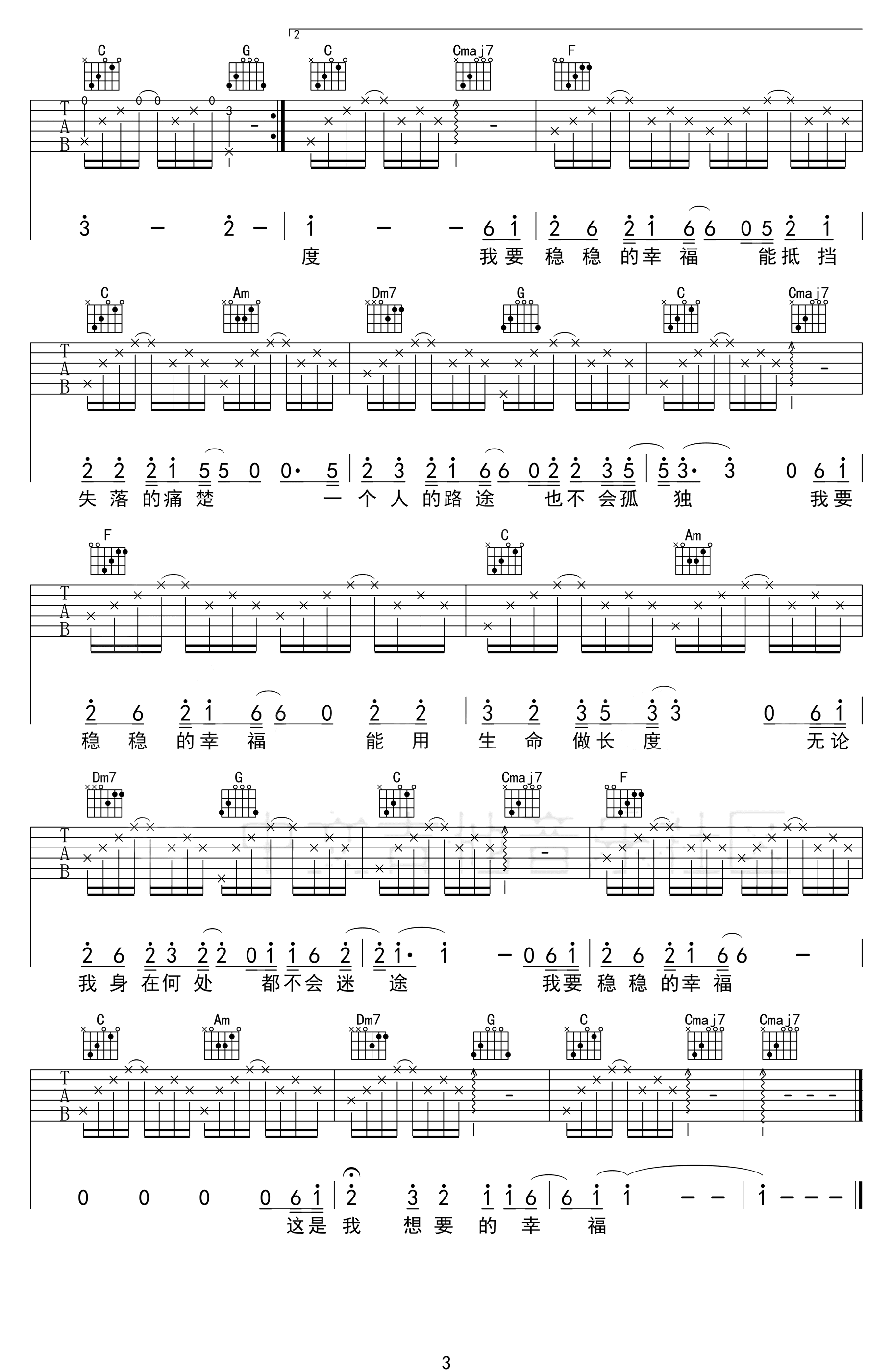 稳稳的幸福吉他谱,陈奕迅歌曲,简单指弹教学简谱,齐元义六线谱图片