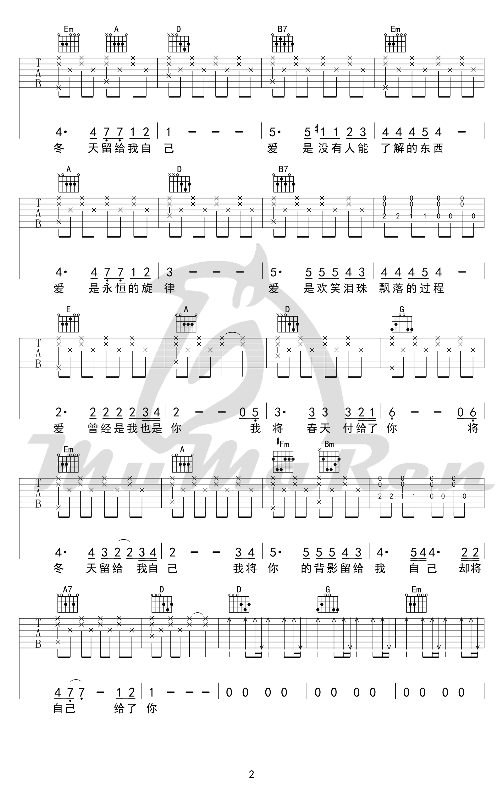 爱的箴言吉他谱,罗大佑歌曲,简单指弹教学简谱,牧马人乐器六线谱图片