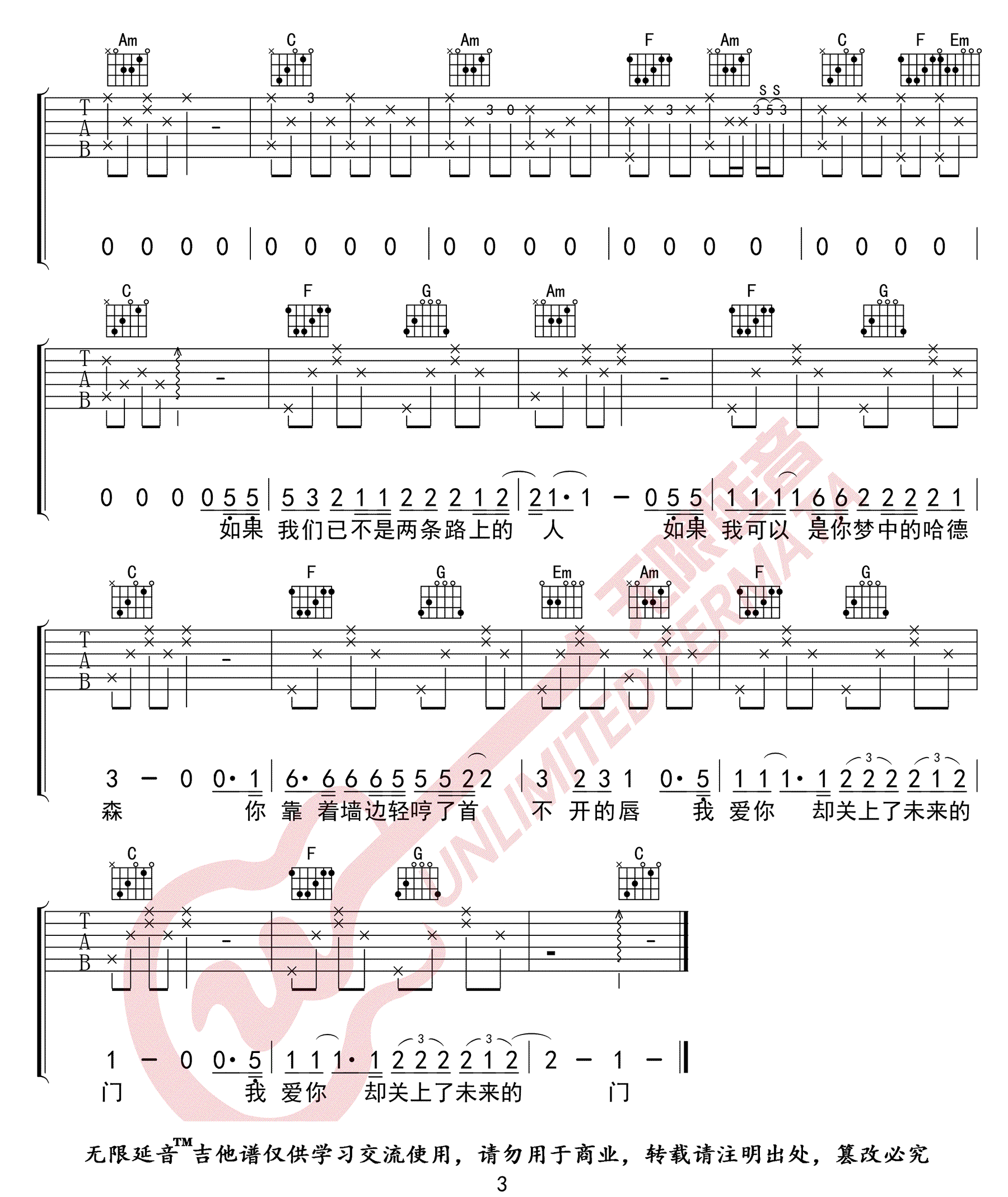 这个世界不会好吉他谱,简单C调原版指弹曲谱,子默高清六线乐谱