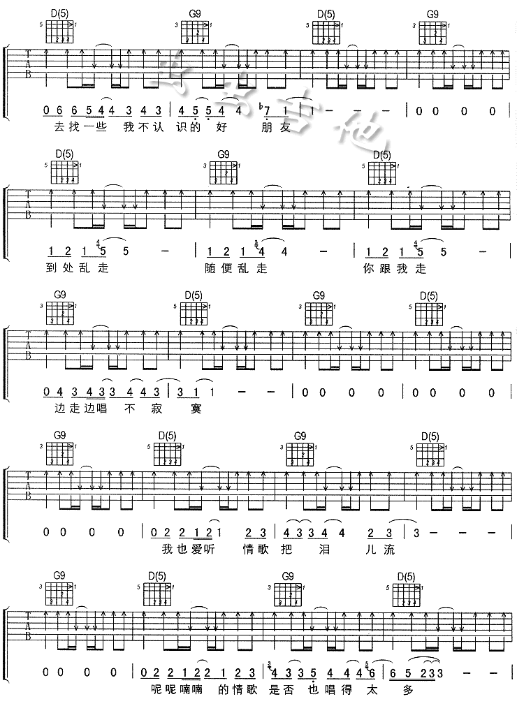 到处乱走吉他谱,简单C调原版指弹曲谱,刘若英高清流行弹唱六线乐谱