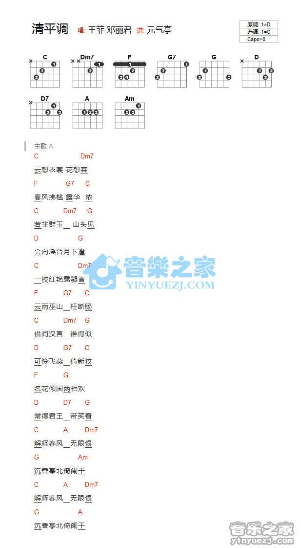 清平调吉他谱,王菲歌曲,C调指弹简谱,新手弹唱和弦谱