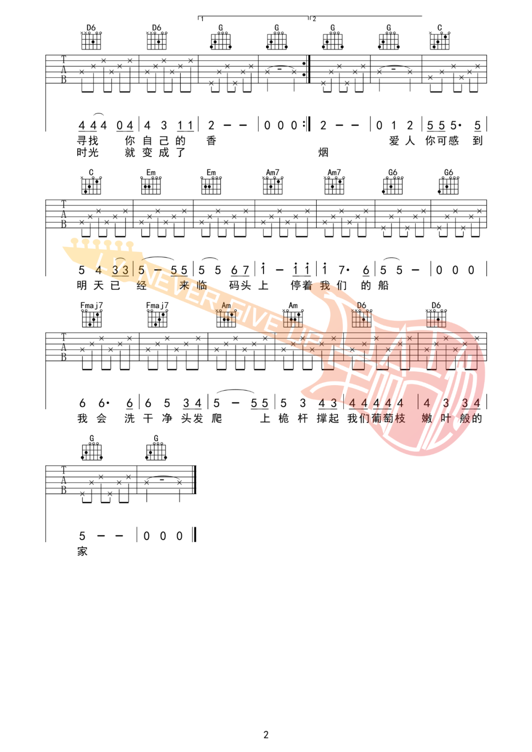 米店吉他谱,原版张玮玮歌曲,简单C调指弹曲谱,高清六线乐谱