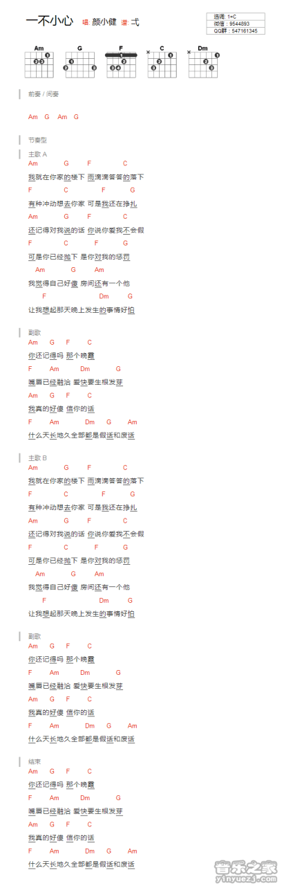 一不小心吉他谱,颜小健歌曲,C调指弹简谱,新手弹唱和弦谱