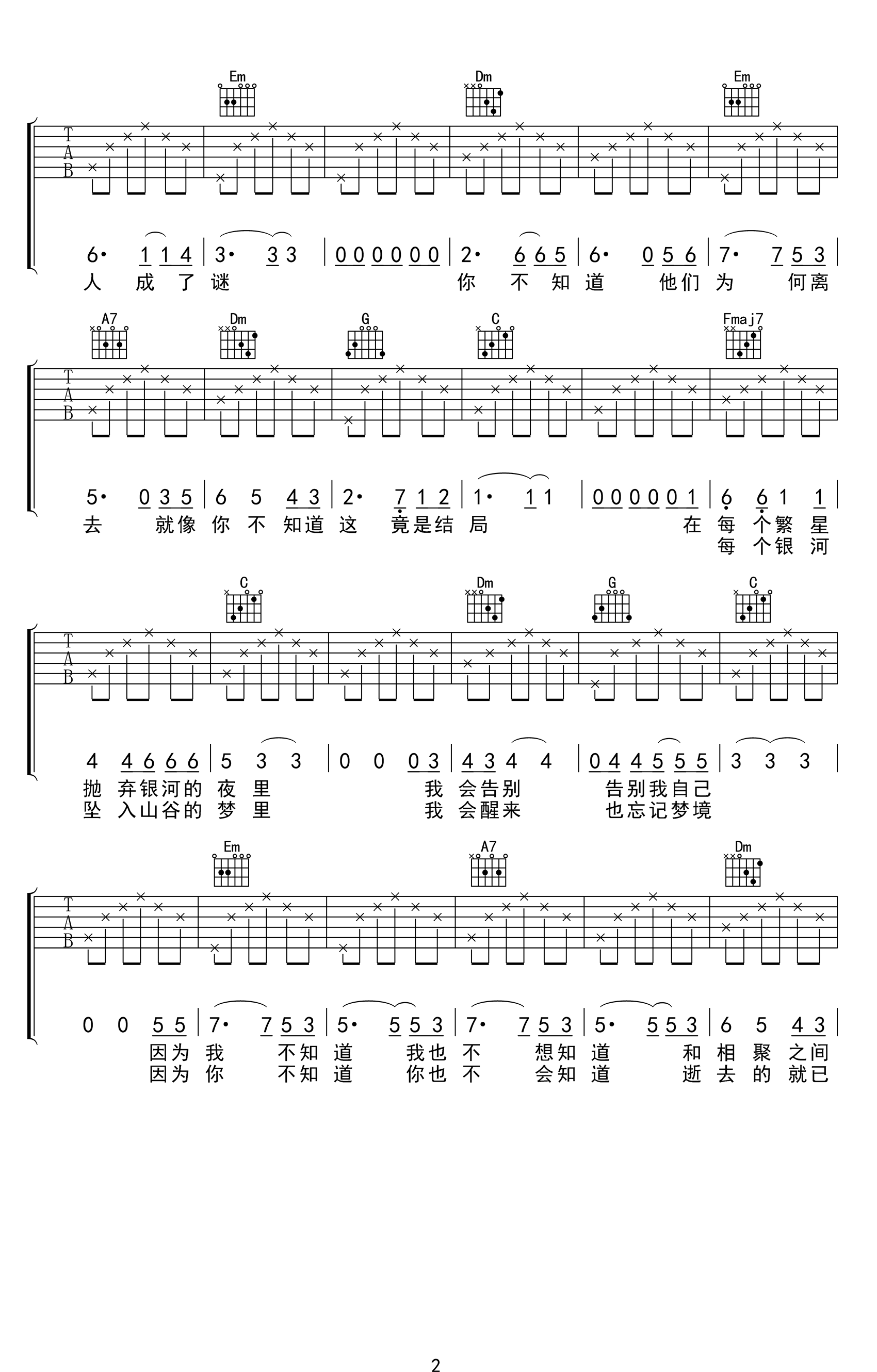 后会无期吉他谱,简单C调原版指弹曲谱,陈立农欧阳高清六线乐谱