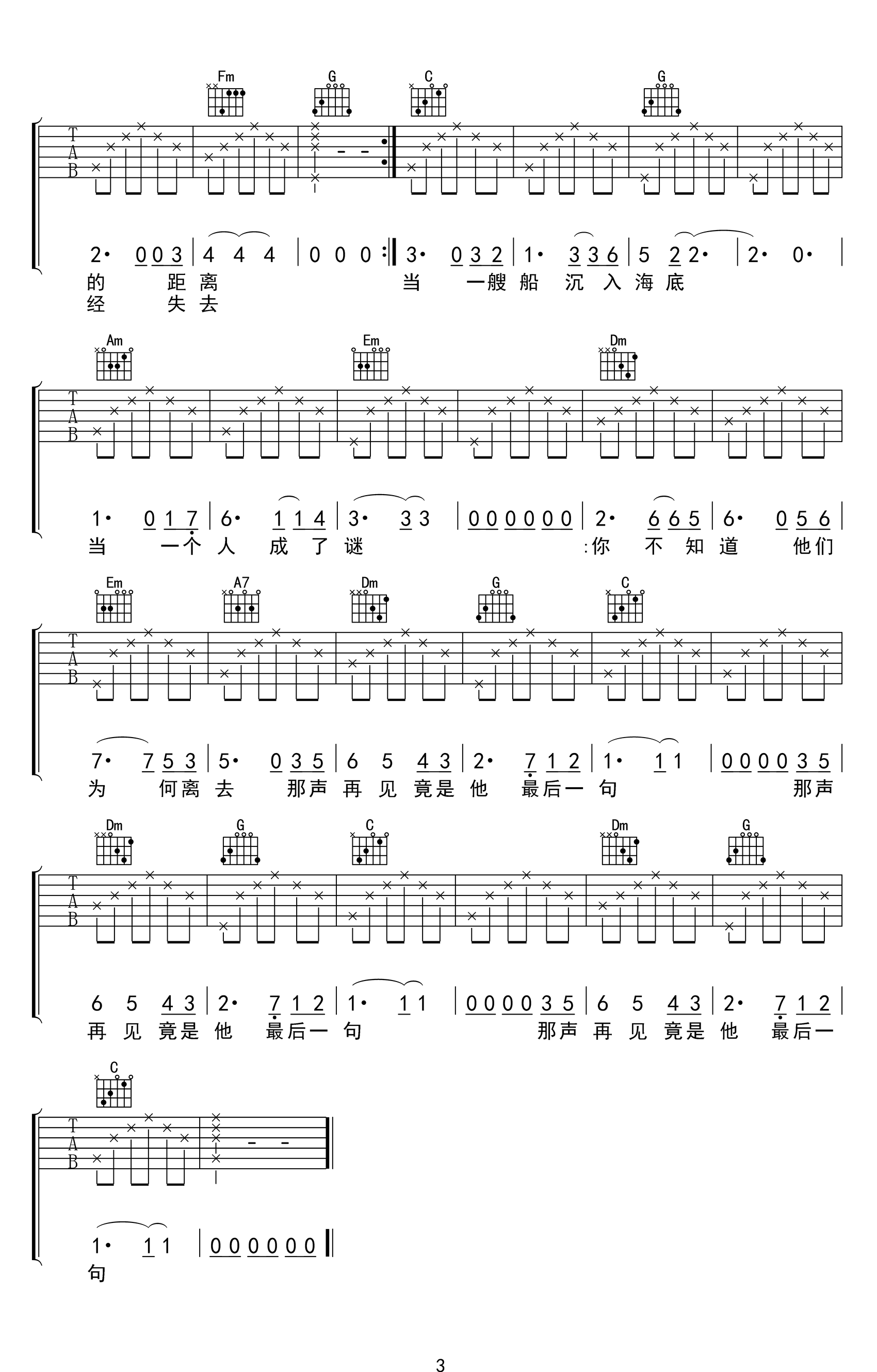 后会无期吉他谱,简单C调原版指弹曲谱,陈立农欧阳高清六线乐谱