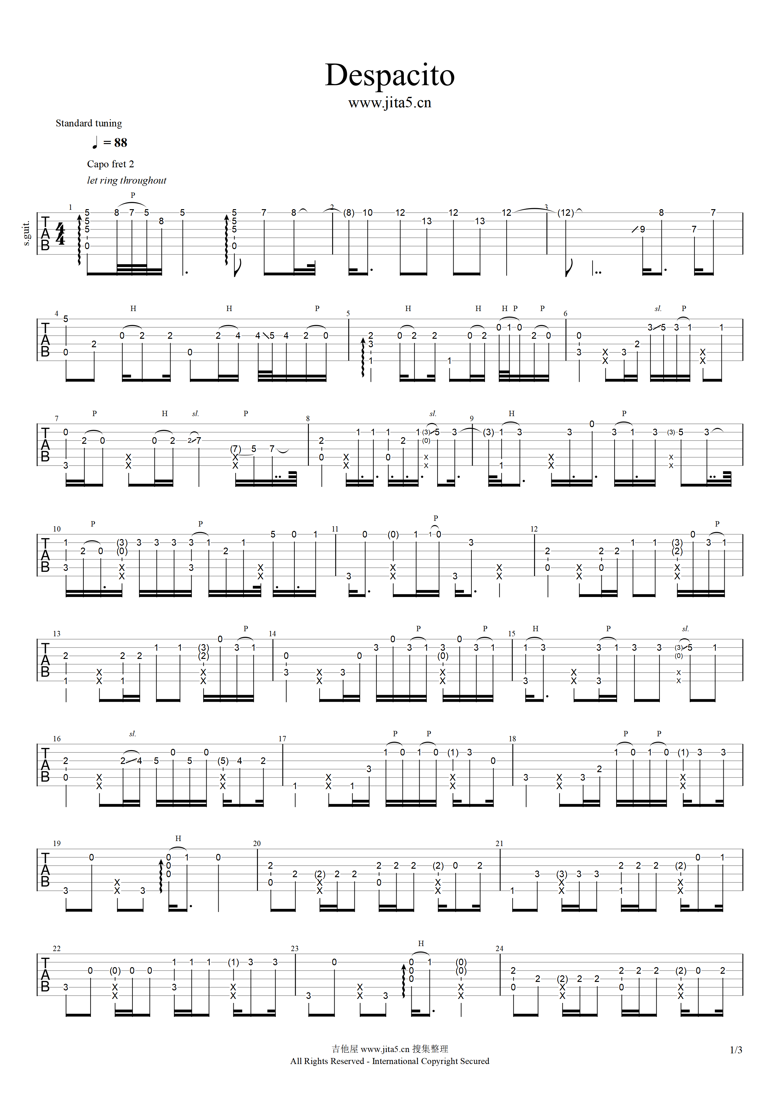 Despacito吉他谱,原版贾斯汀比伯歌曲,简单指弹曲谱,高清六线乐谱