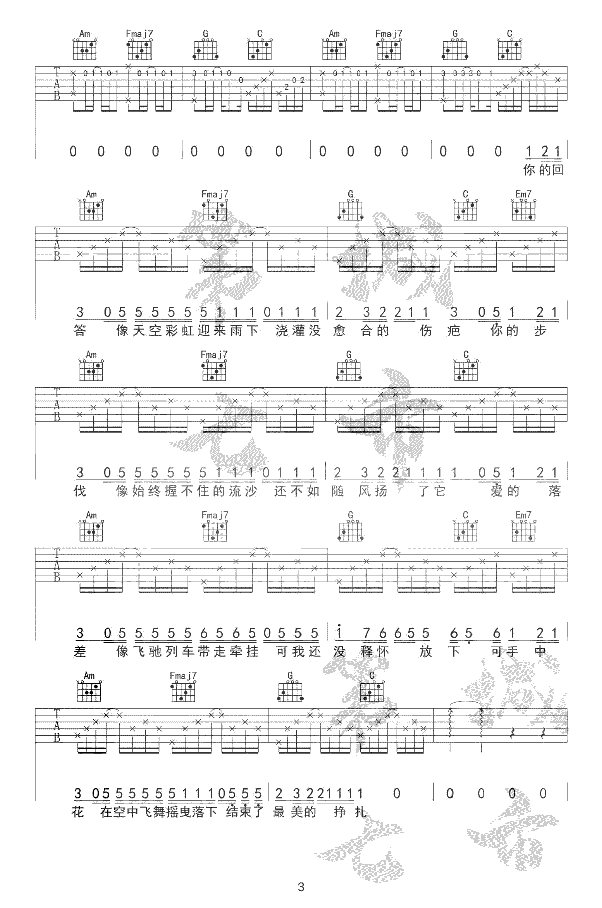 落差吉他谱,原版王忻辰歌曲,简单C调指弹曲谱,高清六线乐谱