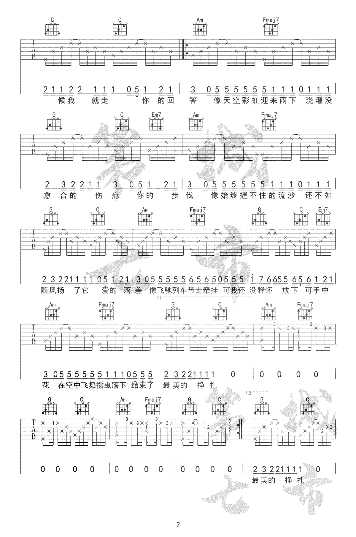 落差吉他谱,原版王忻辰歌曲,简单C调指弹曲谱,高清六线乐谱