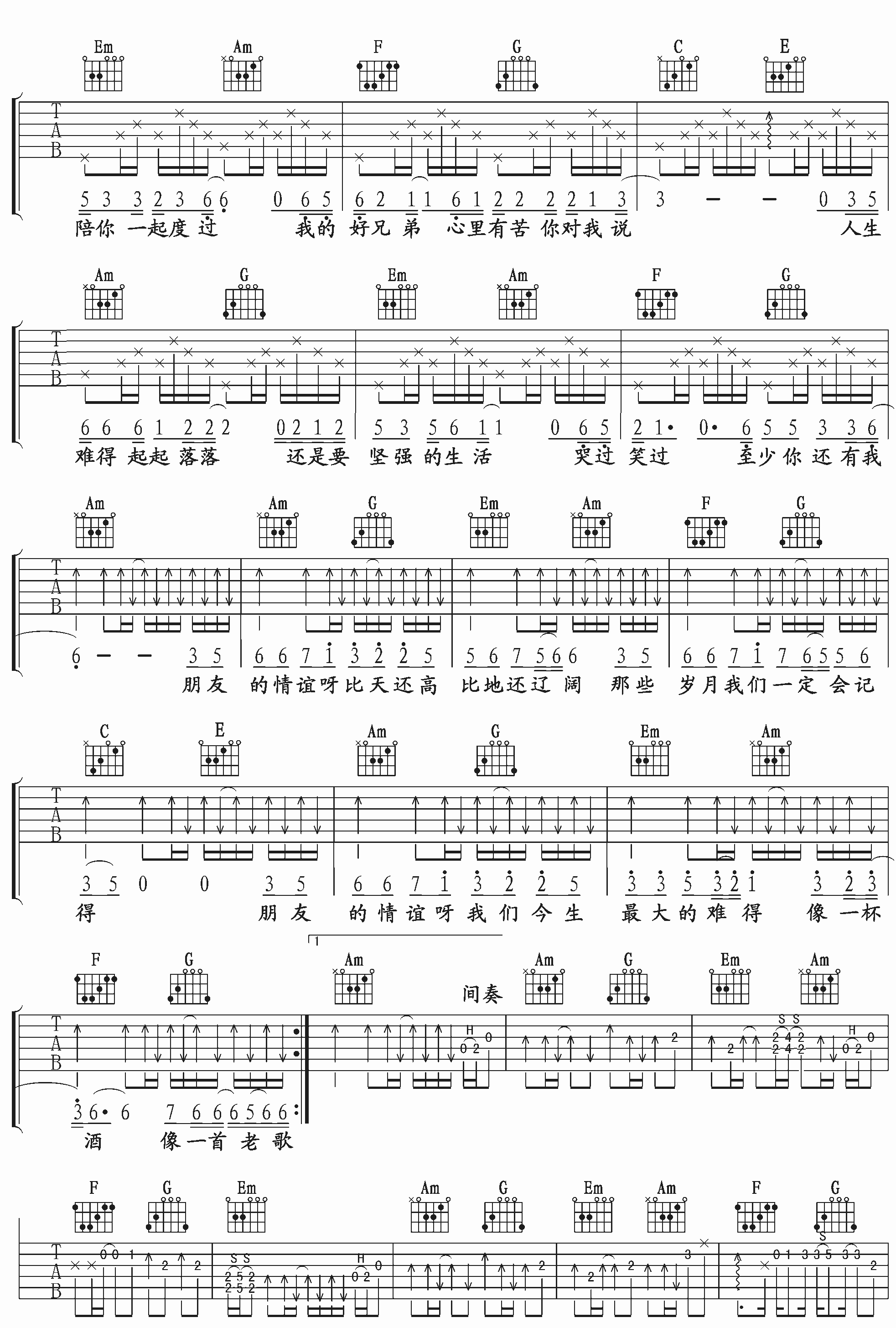 小沈阳我的好兄弟吉他谱,简单C调原版指弹曲谱,小沈阳高清六线乐谱