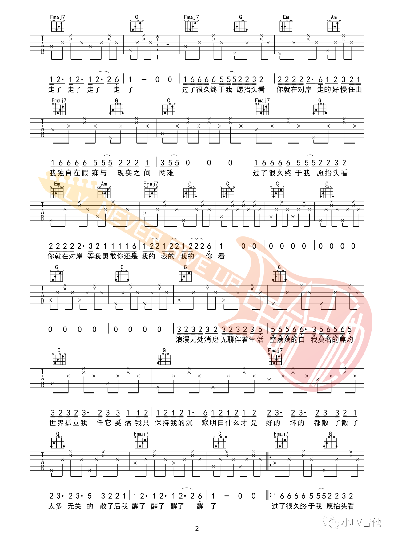 走马吉他谱,陈粒歌曲,简单指弹教学简谱,C调新手简单版吉他谱 