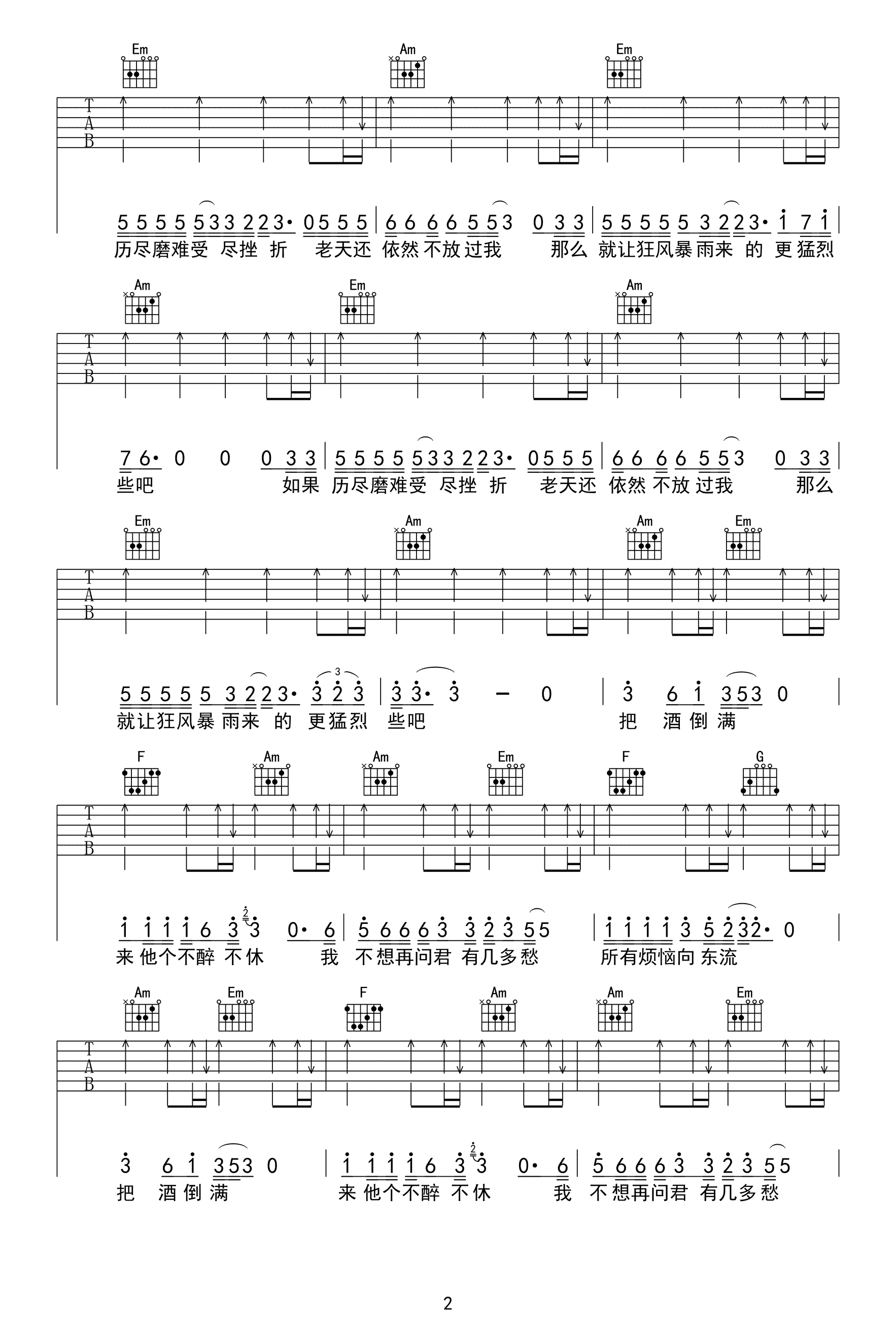 把酒倒满吉他谱,简单D调原版弹唱曲谱,李晓杰高清六线谱简谱