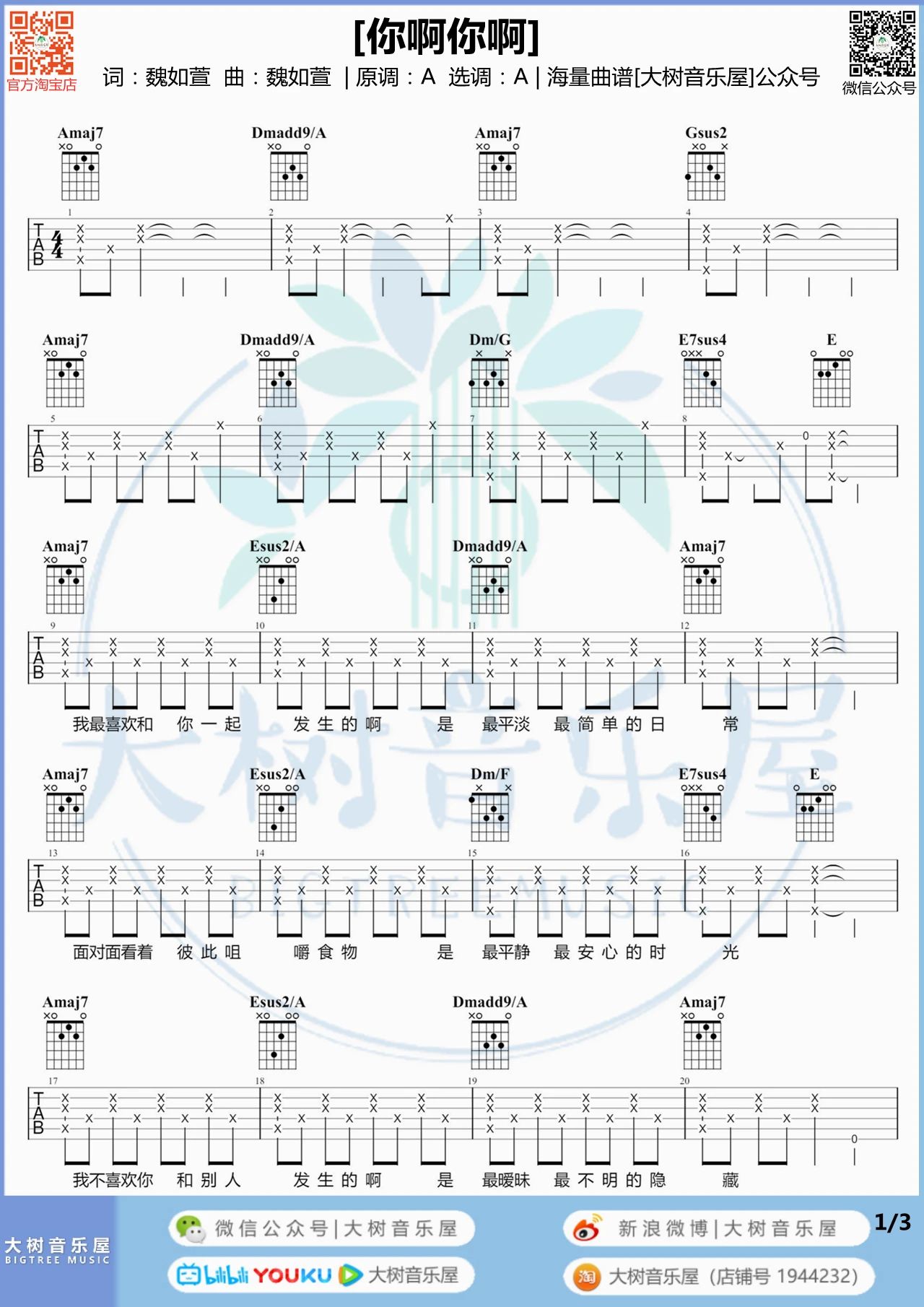 你啊你啊吉他谱,魏如萱歌曲,简单指弹教学简谱,A调原调指法版吉他六线谱 