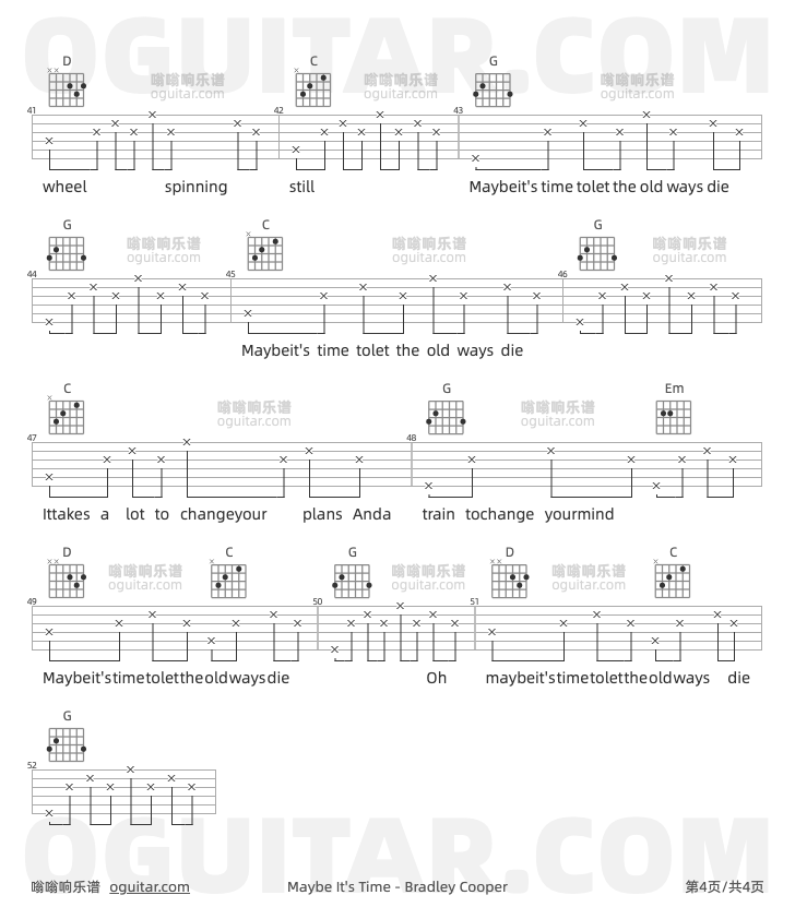 MaybeIt’sTime吉他谱,Bradley Cooper歌曲,G调指弹简谱,4张教学六线谱