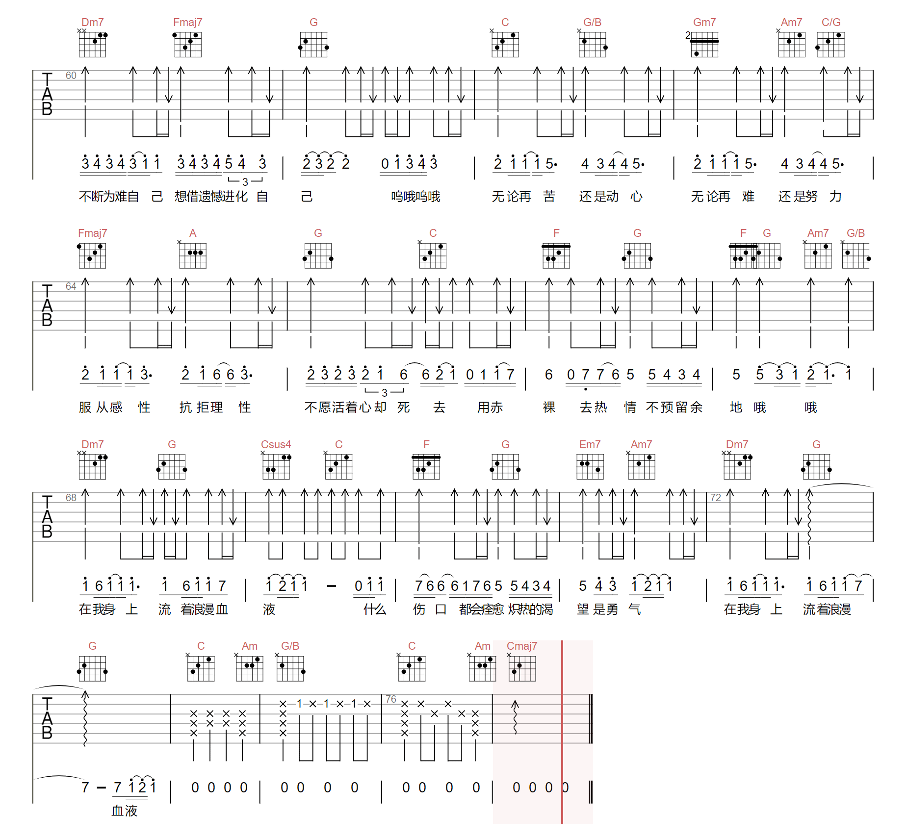 浪漫血液吉他谱,简单C调原版指弹曲谱,林俊杰高清六线谱教程